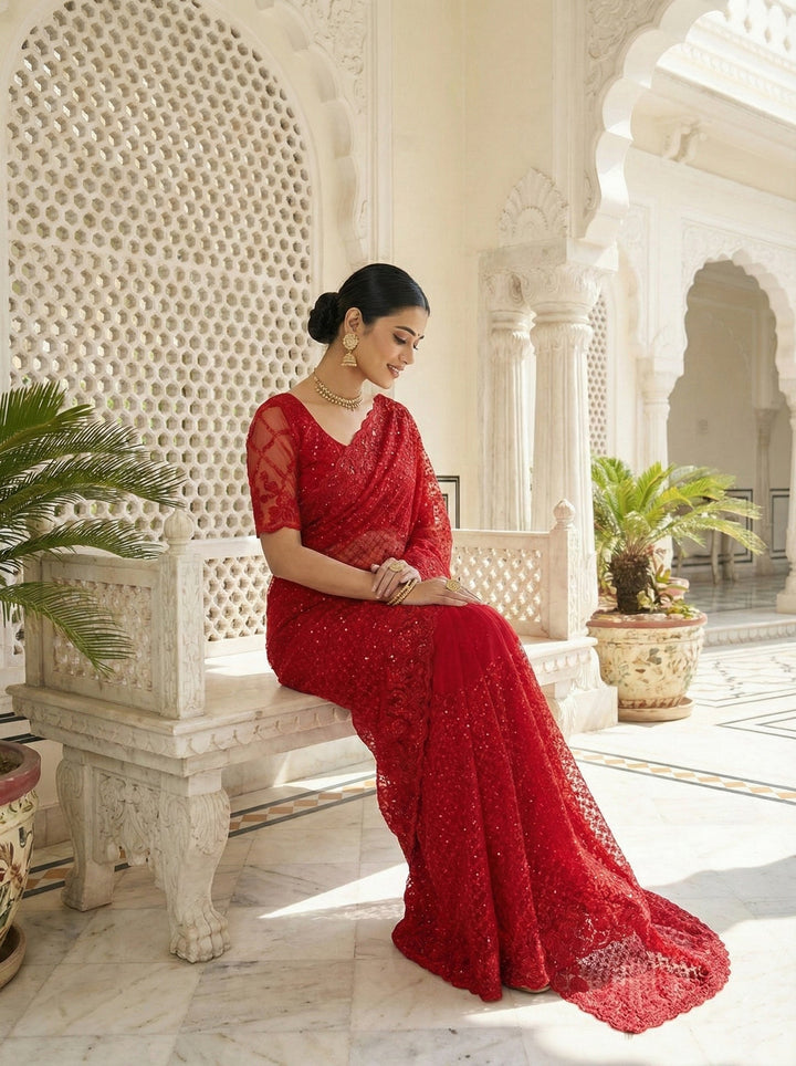 Neerus Red net hand embroidered saree - detail view 1