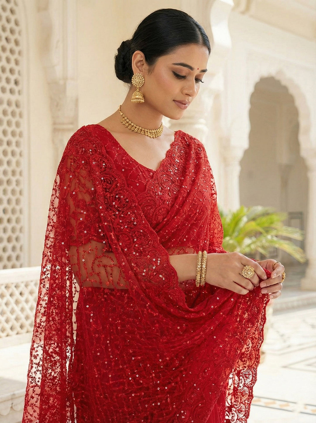 Neerus Red net hand embroidered saree - back view