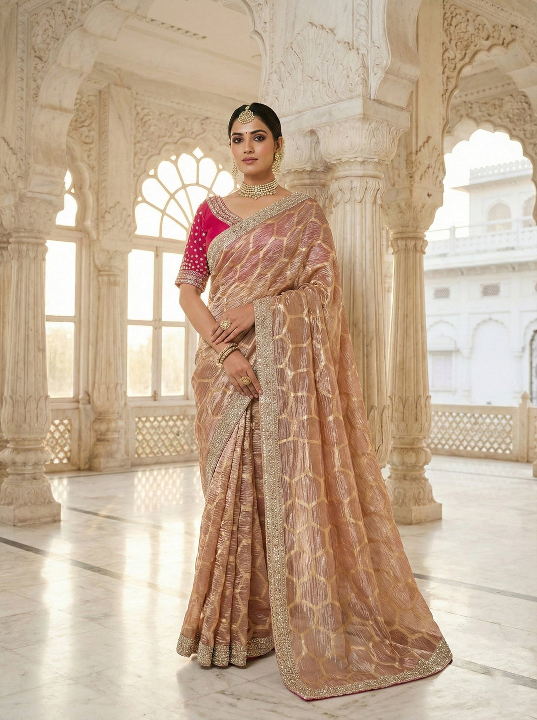 Neerus Pink tissue digital printed saree with readymade blouse - front view