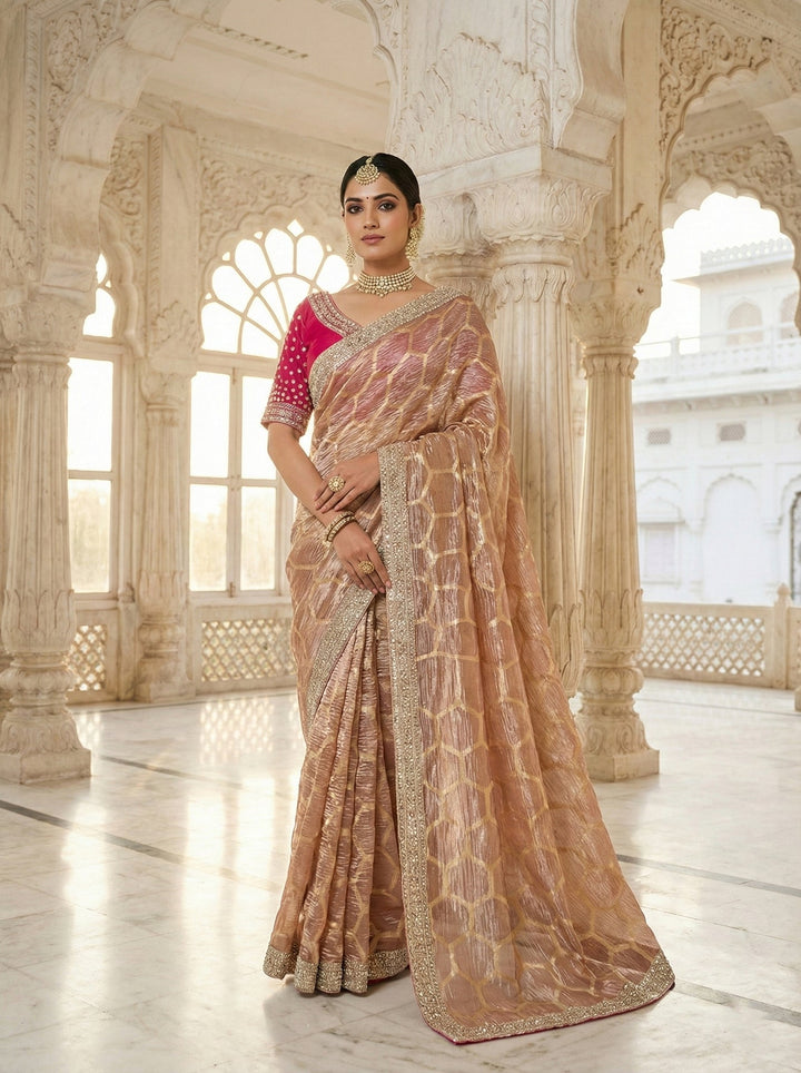 Neerus Pink tissue digital printed saree with readymade blouse - front view