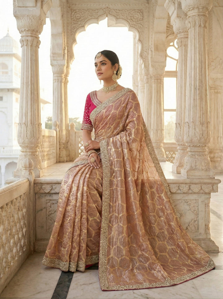 Neerus Pink tissue digital printed saree with readymade blouse - back view