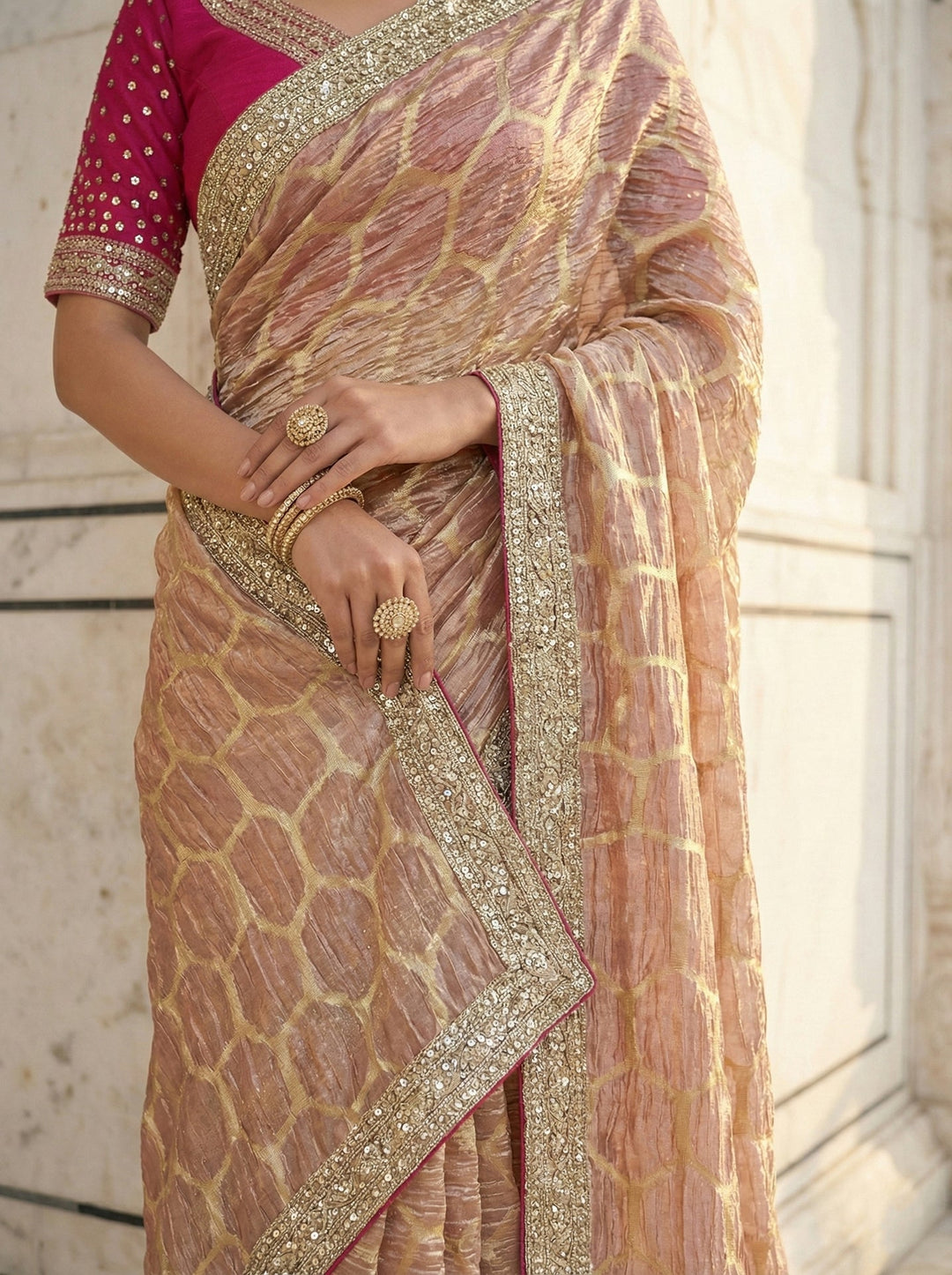 Neerus Pink tissue digital printed saree with readymade blouse - side view