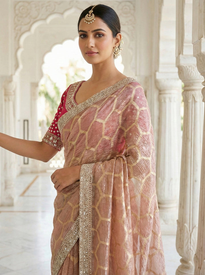 Neerus Pink tissue digital printed saree with readymade blouse - detail view 1