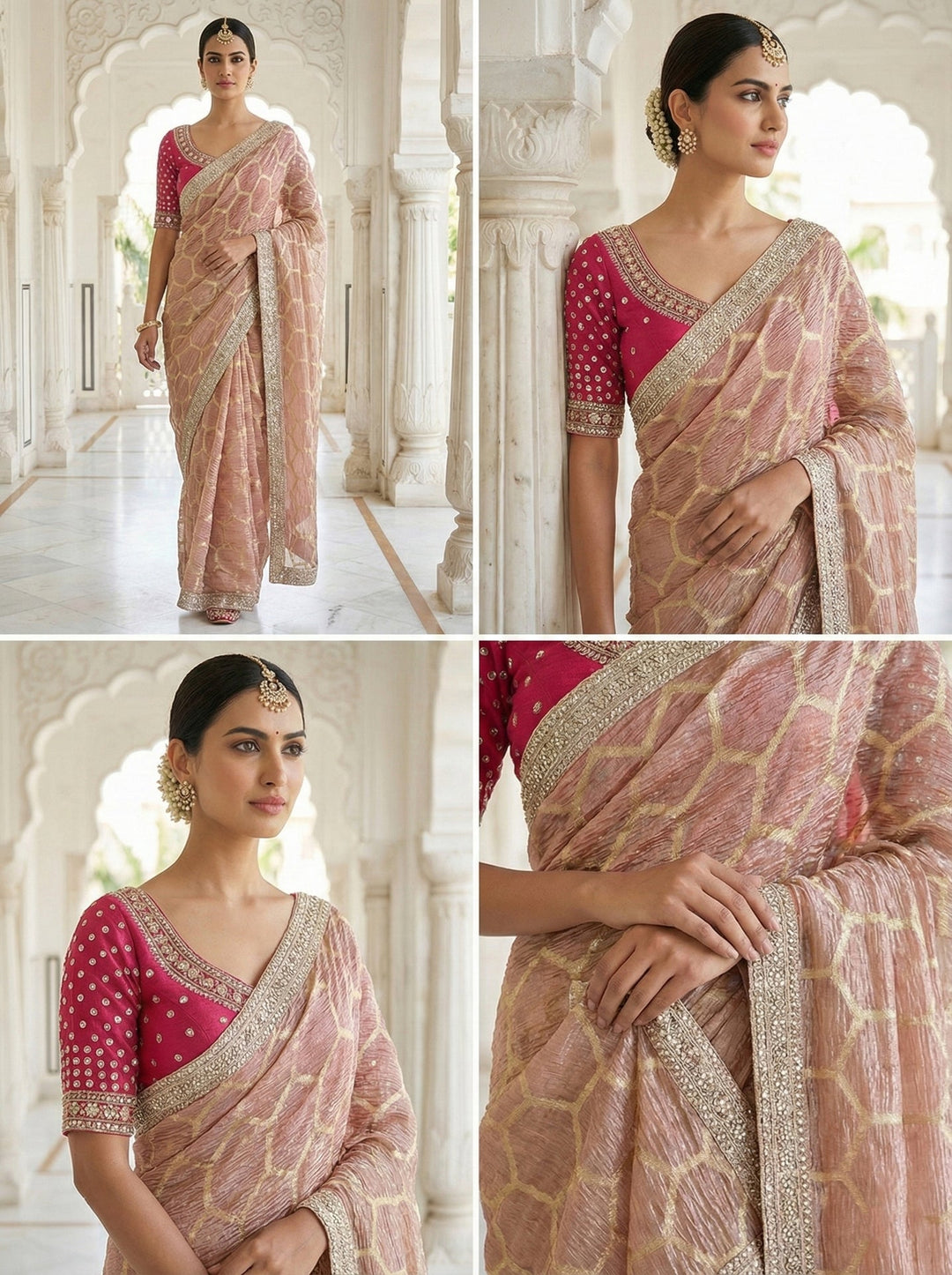 Neerus Pink tissue digital printed saree with readymade blouse - detail view 2