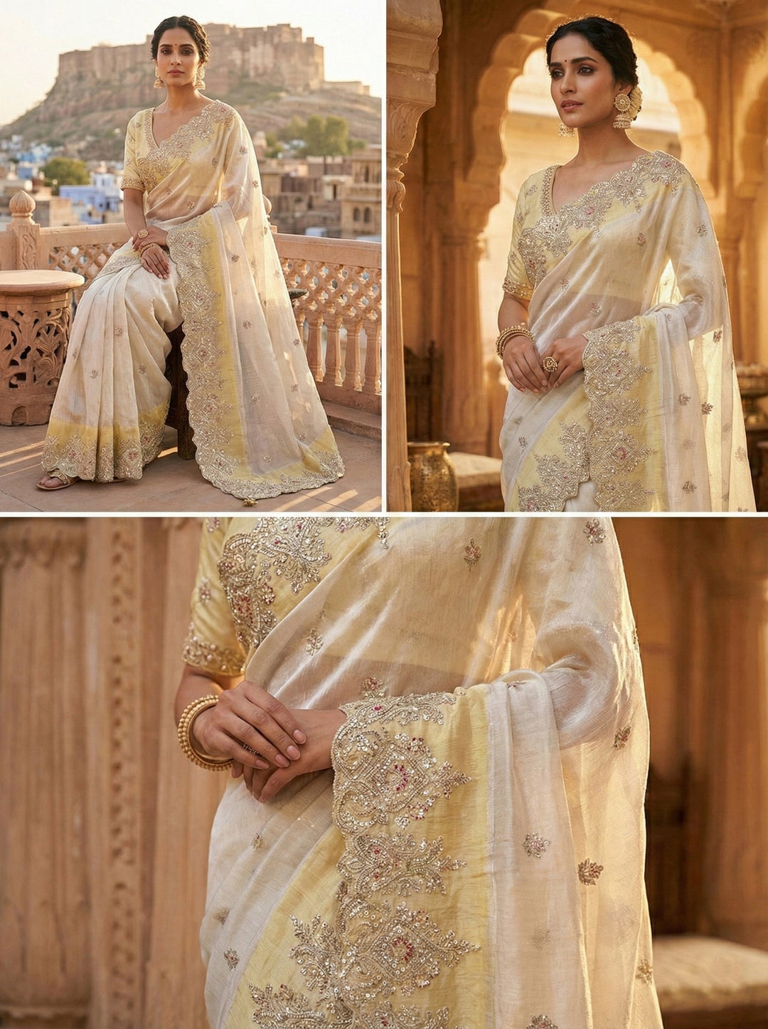 Neerus Grey tissue hand embroidered saree - side view