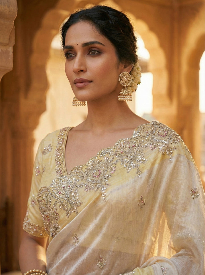 Neerus Grey tissue hand embroidered saree - back view
