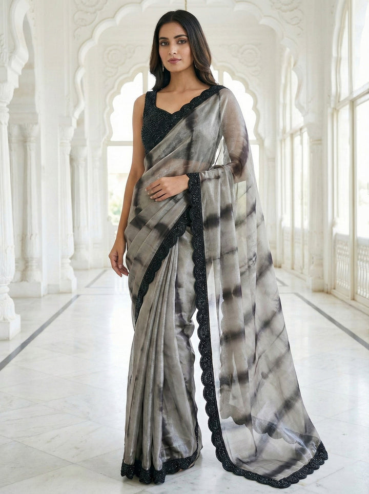 Neerus Grey satin digital printed saree - front view