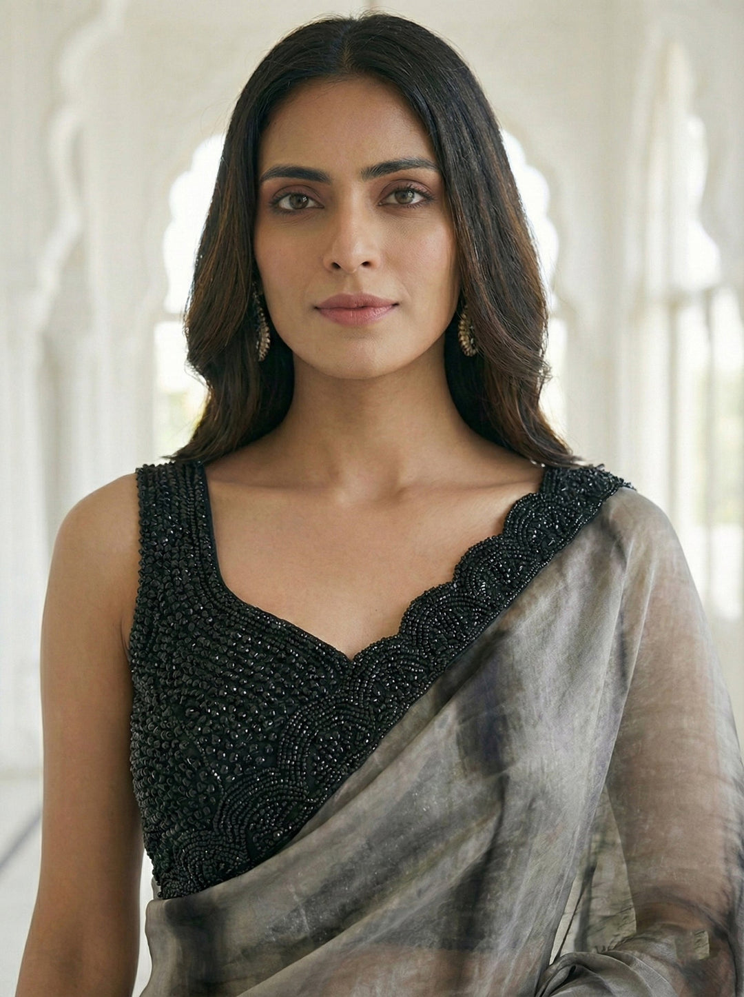 Neerus Grey satin digital printed saree - back view