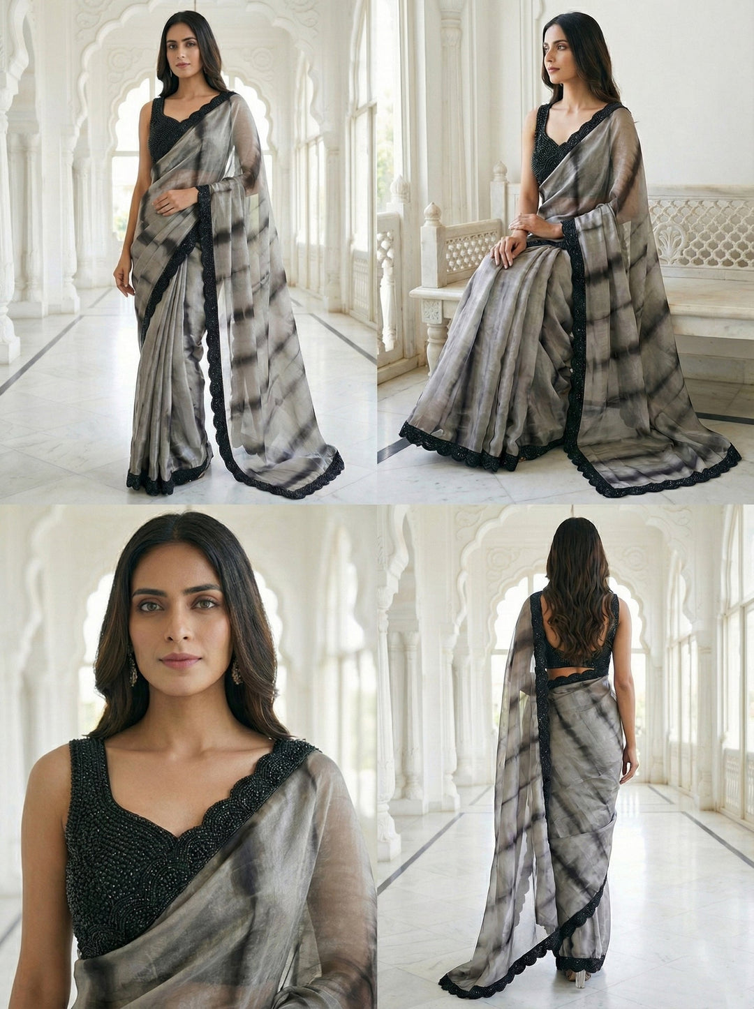 Neerus Grey satin digital printed saree - side view