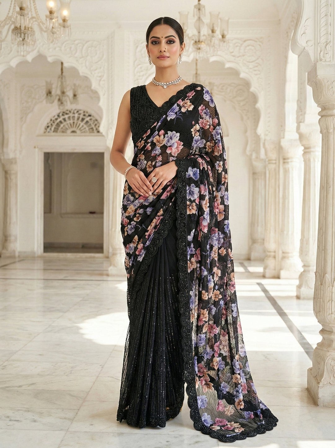 Neerus Black net embellished saree with floral stone work - front view