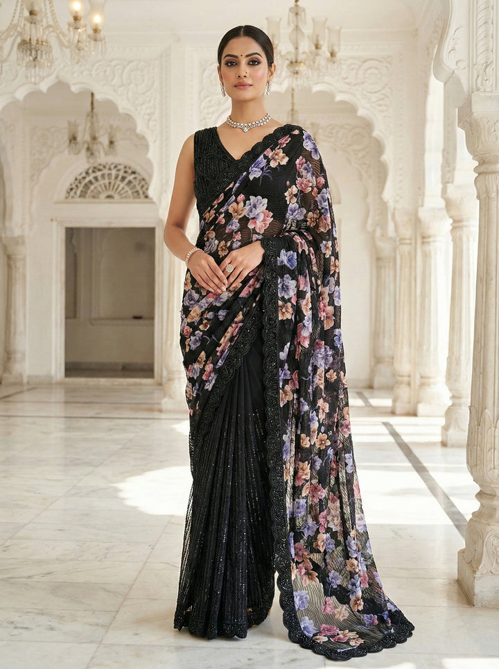 Neerus Black net embellished saree with floral stone work - front view