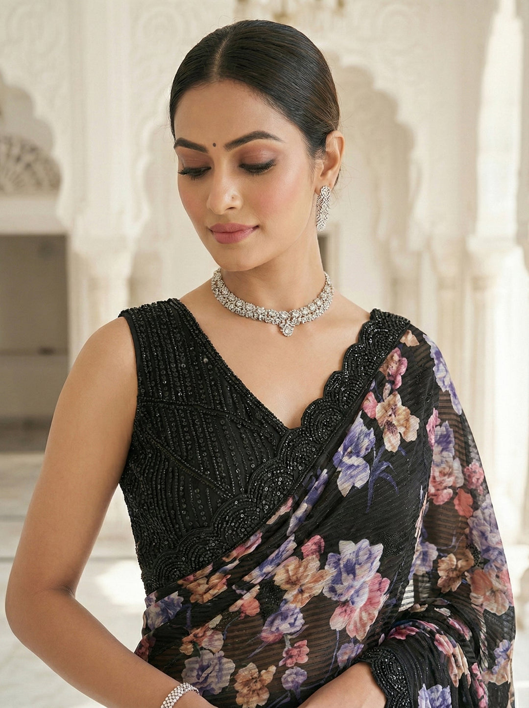 Neerus Black net embellished saree with floral stone work - back view