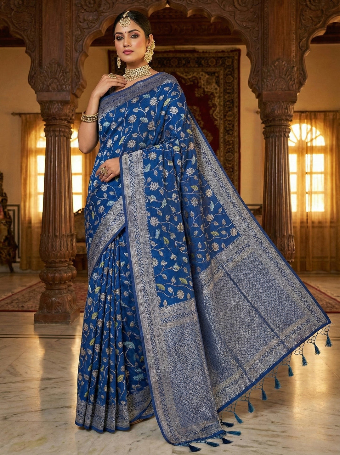 Neerus Blue Silk Digital Printed Floral Saree - front view