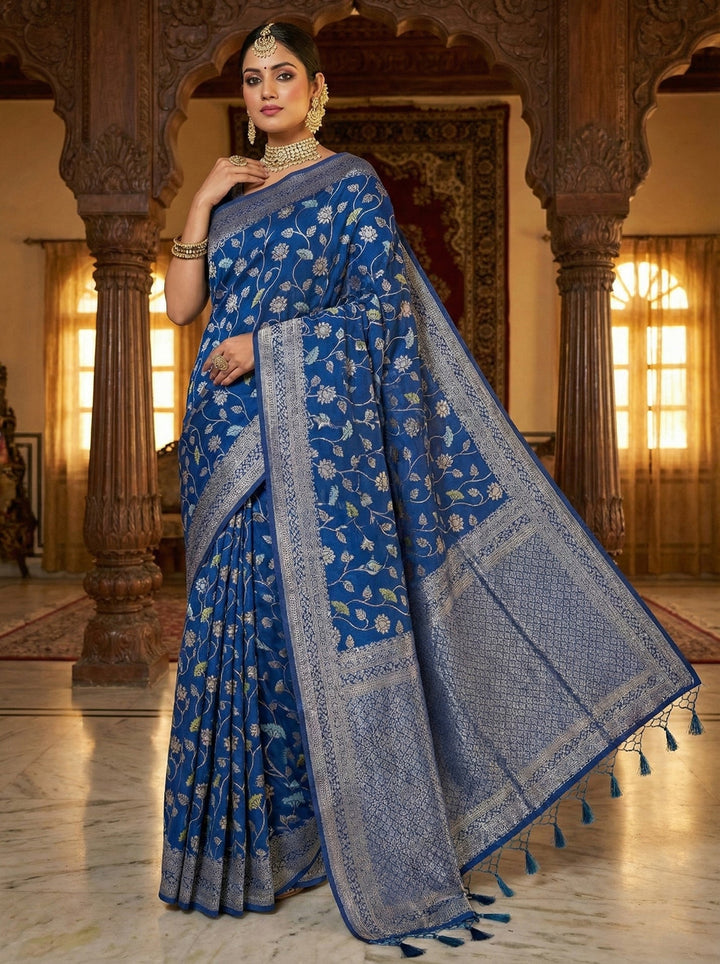 Neerus Blue Silk Digital Printed Floral Saree - front view