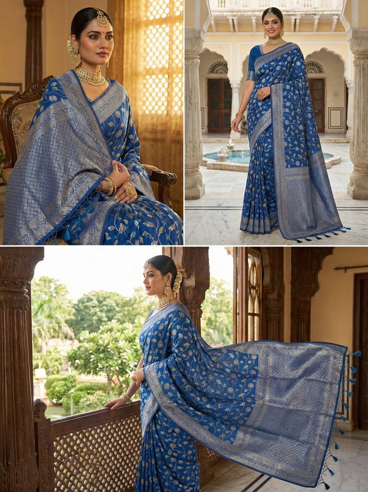 Neerus Blue Silk Digital Printed Floral Saree - detail view 2