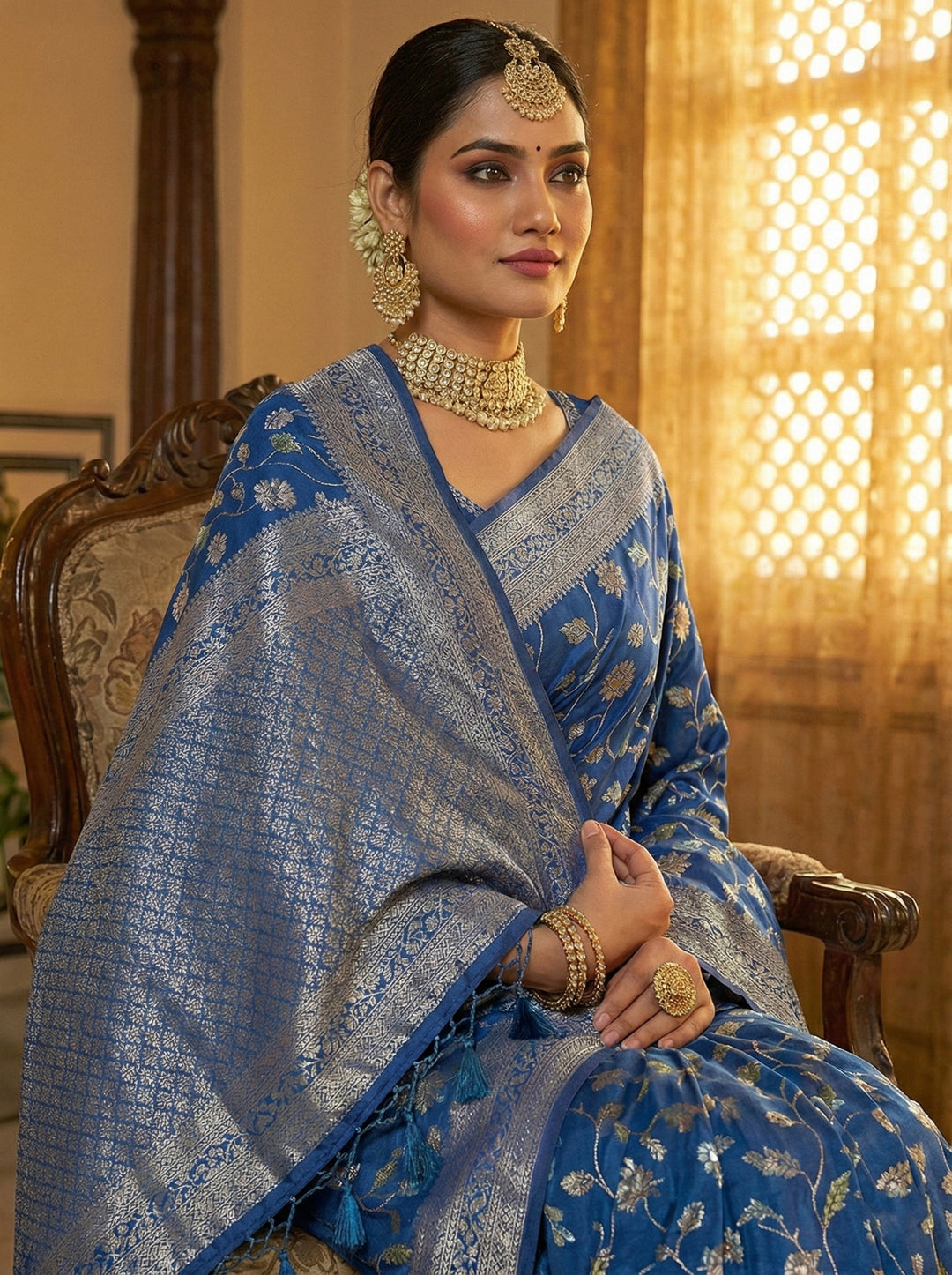 Neerus Blue Silk Digital Printed Floral Saree - back view