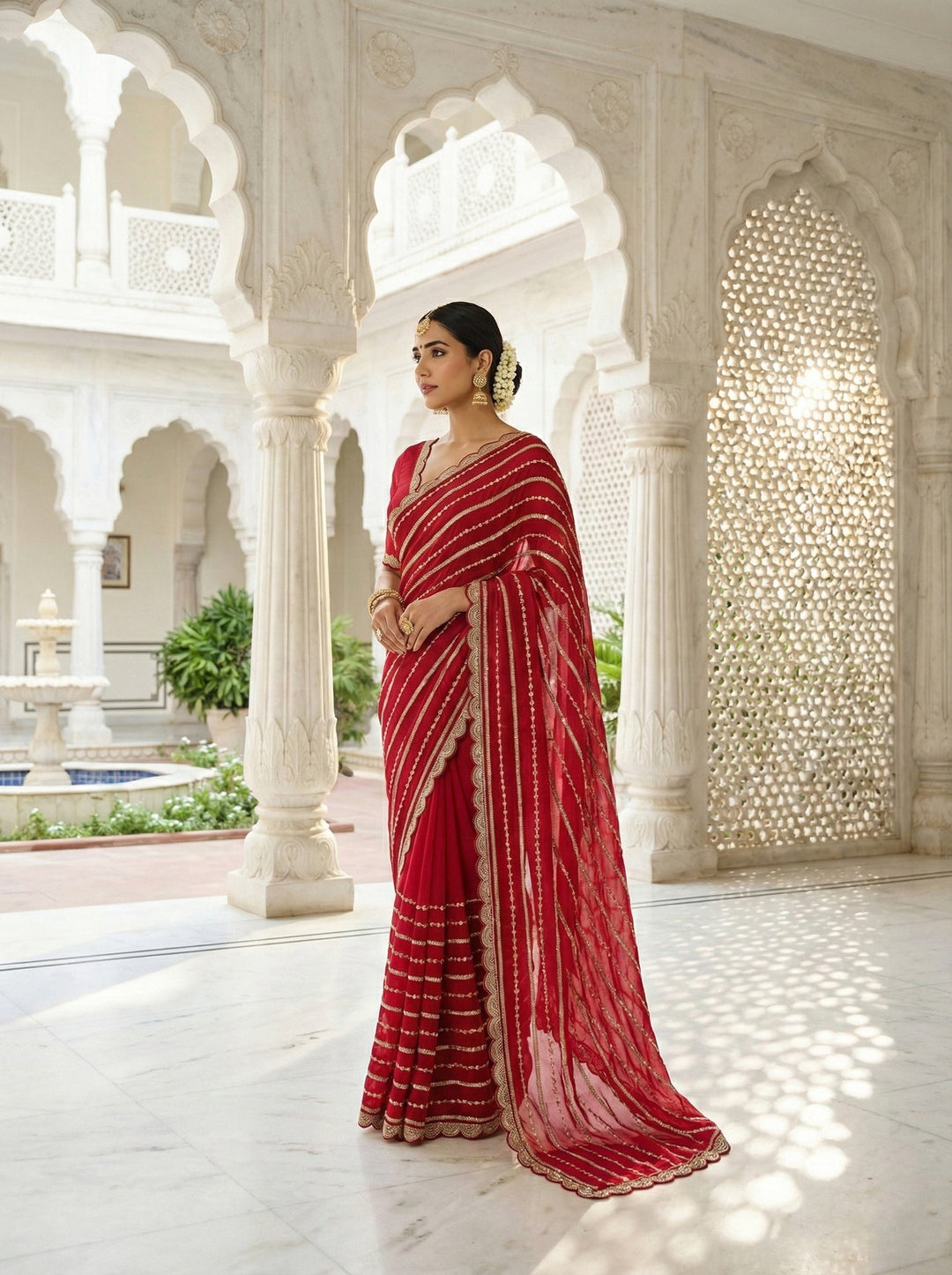 Neerus Red tissue hand embroidered saree - front view