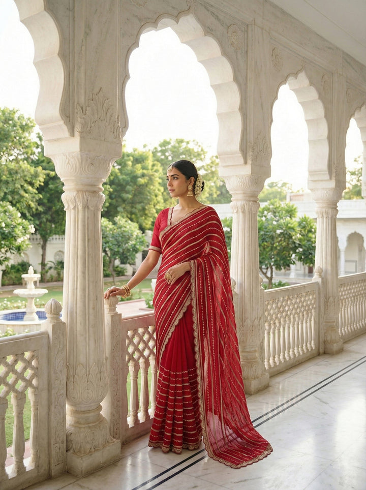 Neerus Red tissue hand embroidered saree - back view