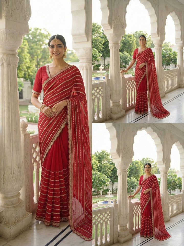Neerus Red tissue hand embroidered saree - side view