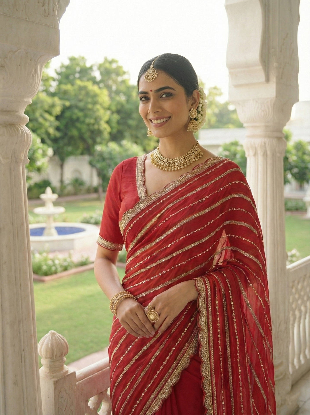 Neerus Red tissue hand embroidered saree - detail view 1