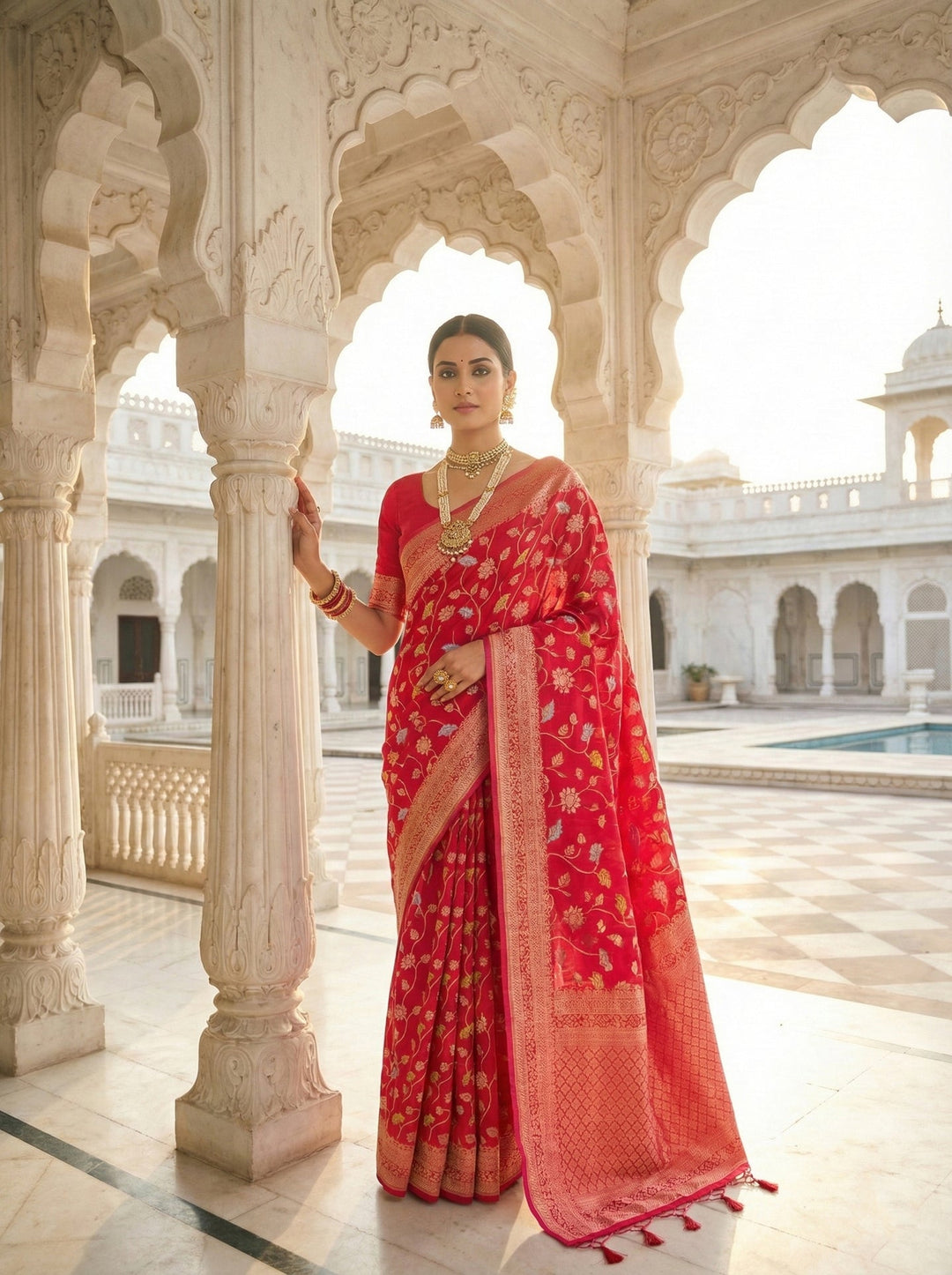 Neerus Pink silk digital printed saree - front view