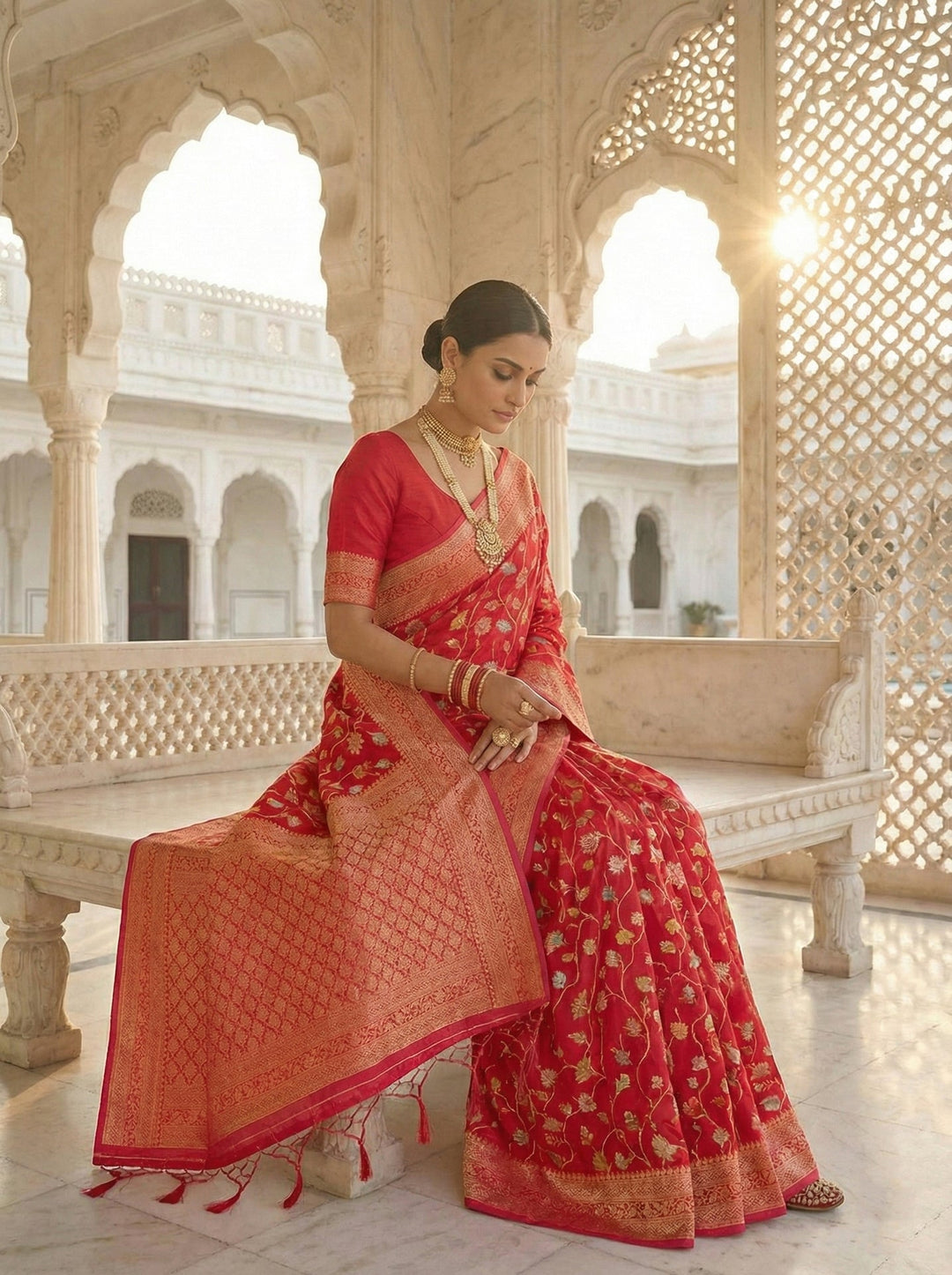 Neerus Pink silk digital printed saree - back view