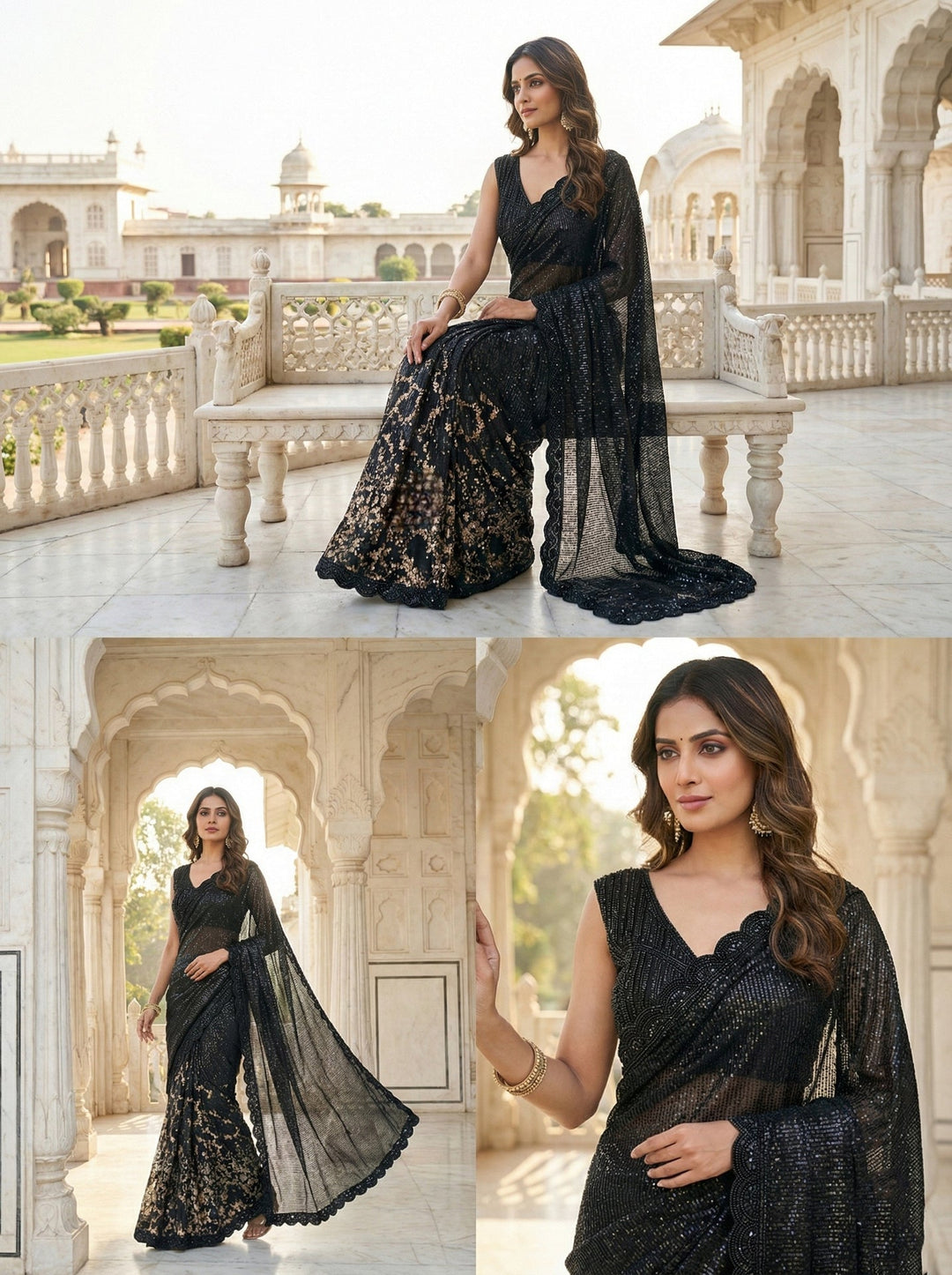 Neerus Black net embellished saree with sequins and stone work - back view