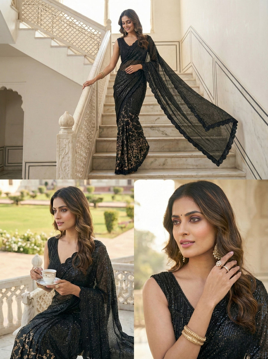 Neerus Black net embellished saree with sequins and stone work - detail view 1