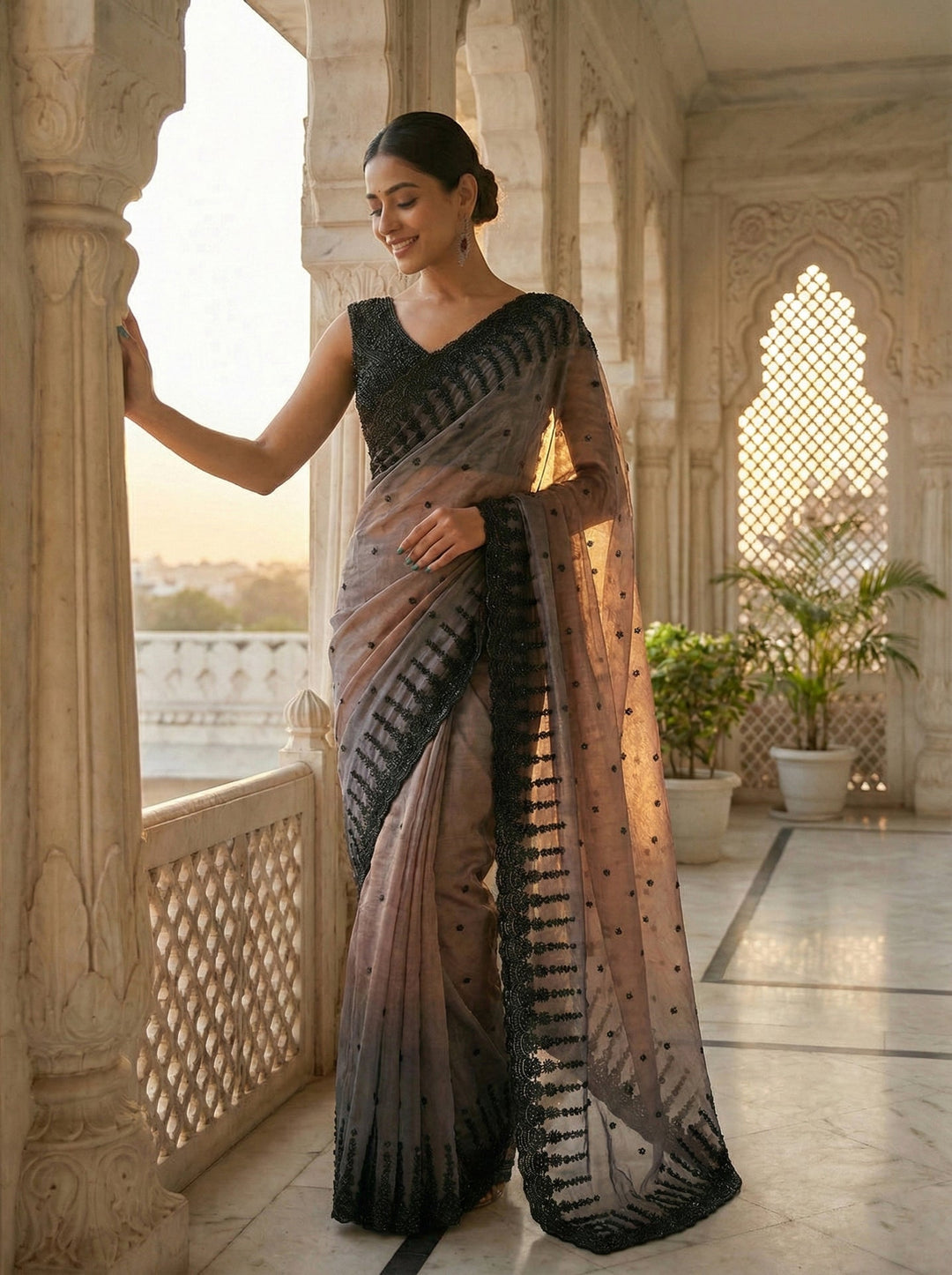 Neerus Multi tissue embellished saree - back view