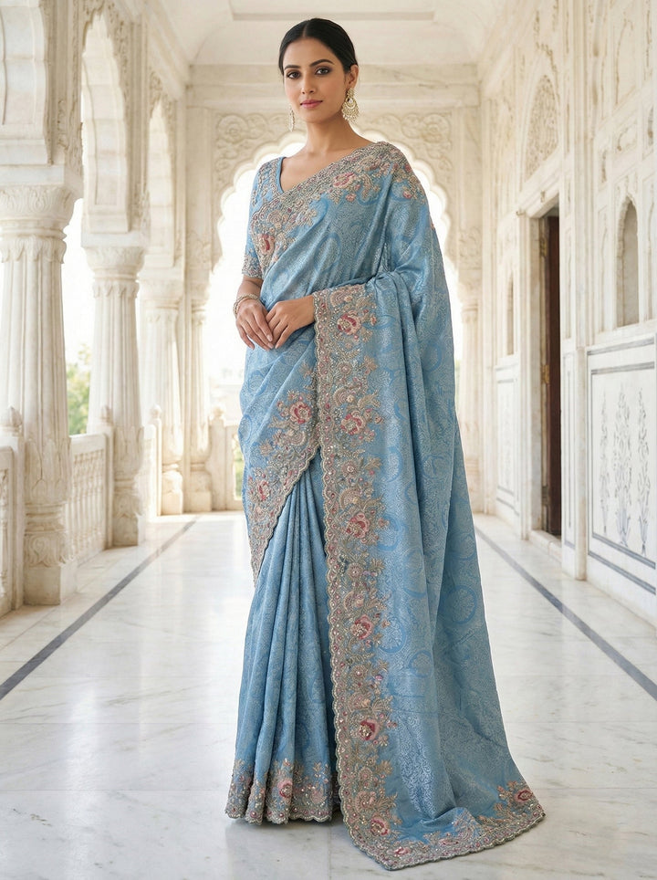 Neerus Blue tissue embellished saree - front view