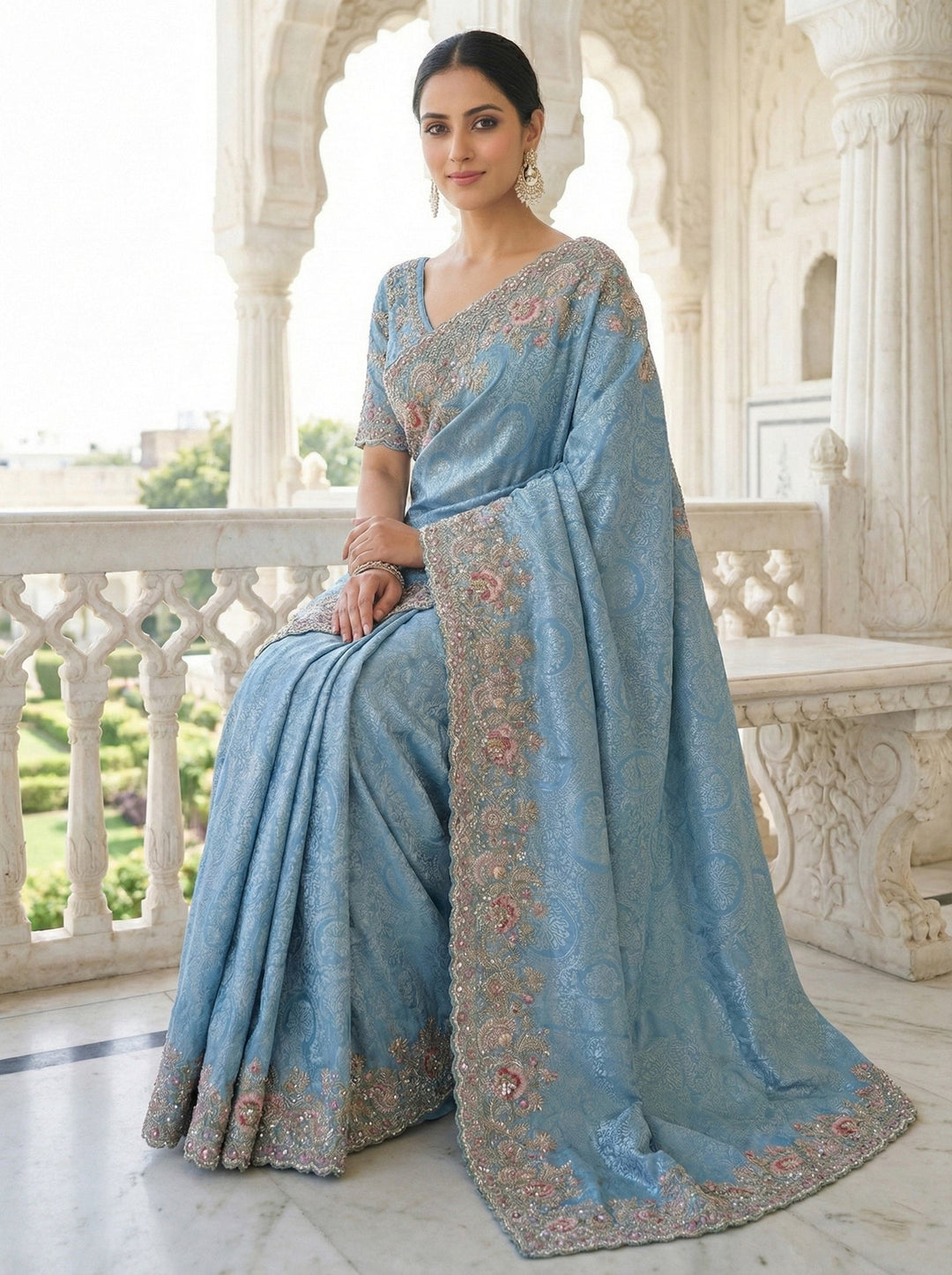 Neerus Blue tissue embellished saree - side view