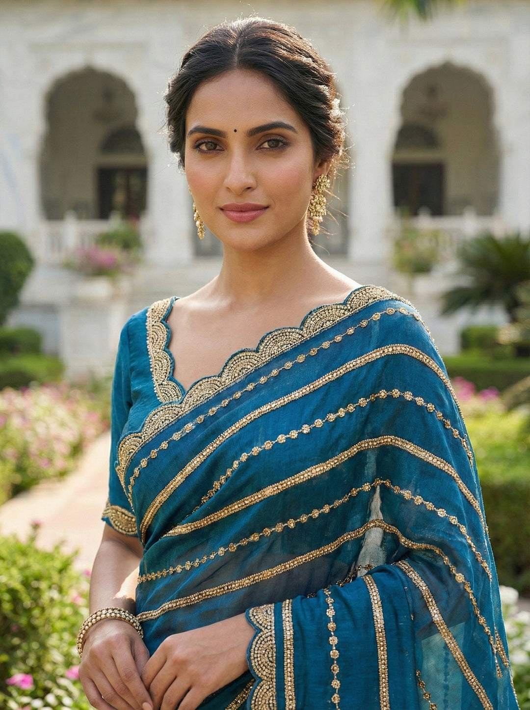 Neerus Blue tissue hand embroidered saree - back view