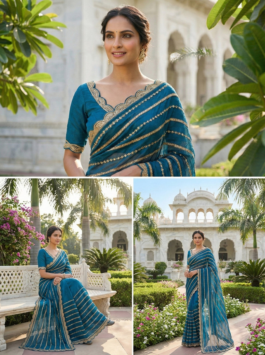Neerus Blue tissue hand embroidered saree - side view