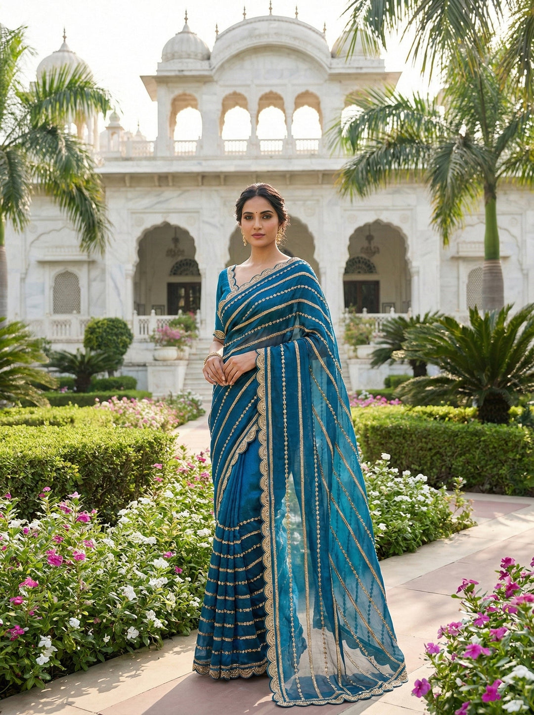 Neerus Blue tissue hand embroidered saree - front view
