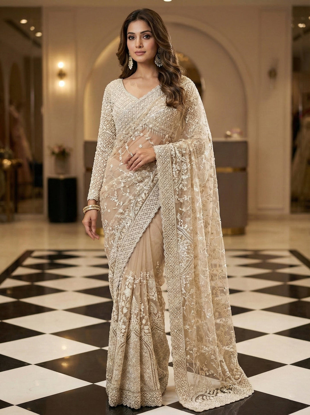 Neerus White net hand embroidered saree - front view