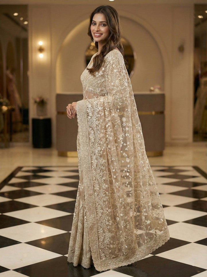 Neerus White net hand embroidered saree - detail view 1