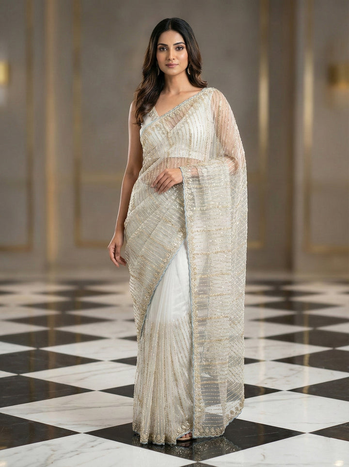 Neerus Grey net hand embroidered saree - front view