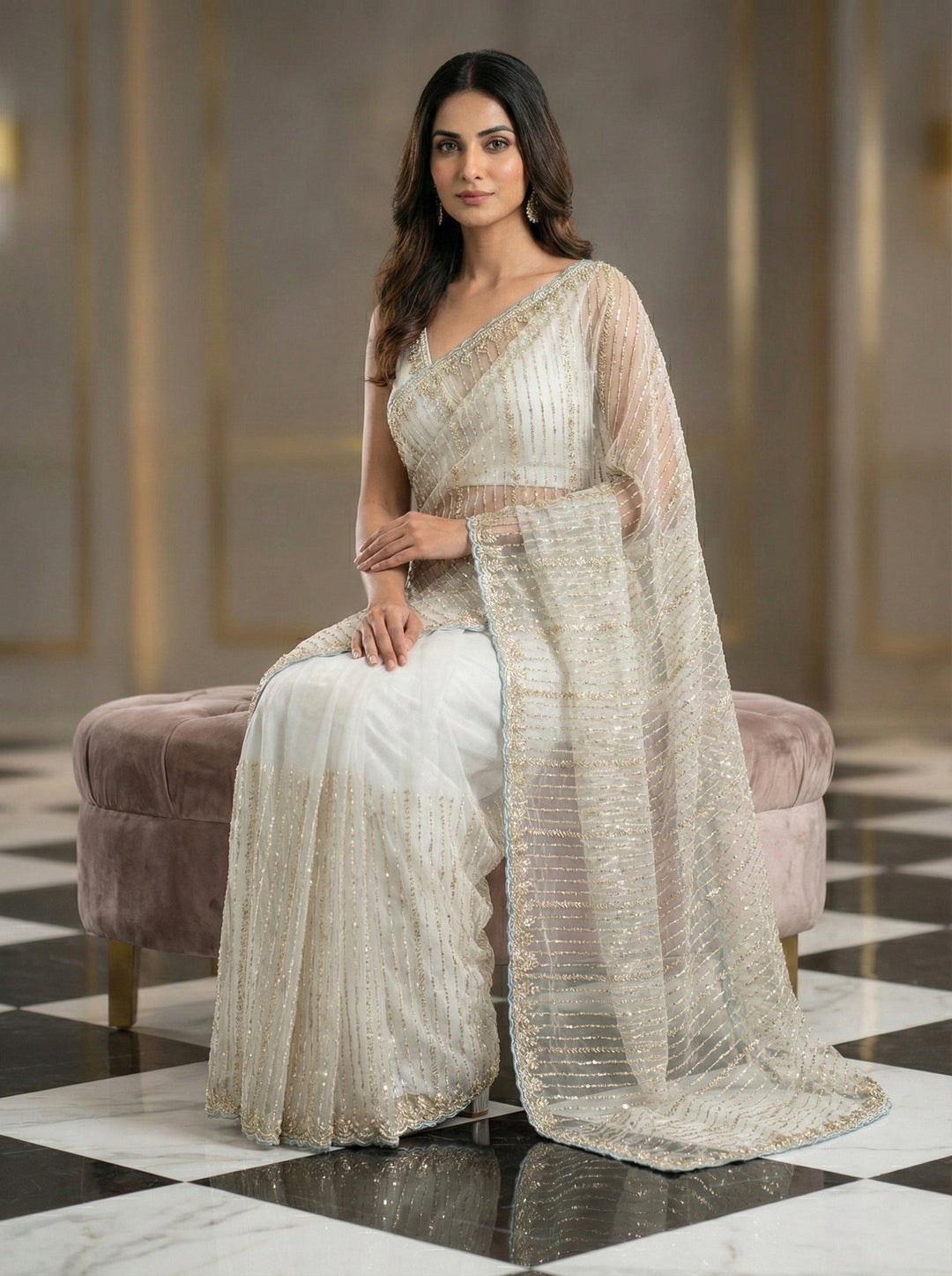 Neerus Grey net hand embroidered saree - side view