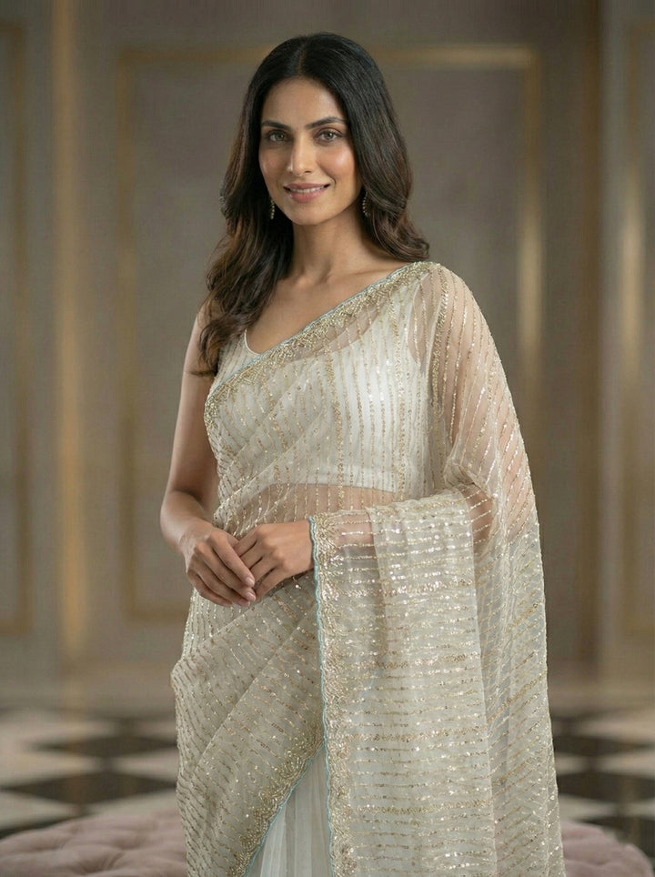 Neerus Grey net hand embroidered saree - back view