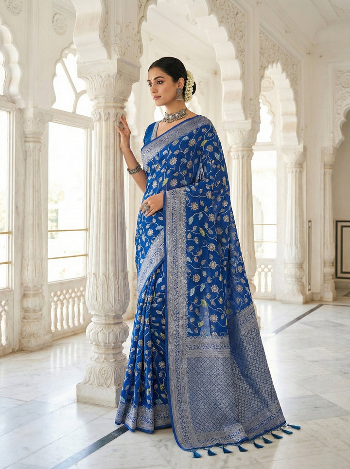 Neerus Blue Silk Digital Printed Floral Saree - side view