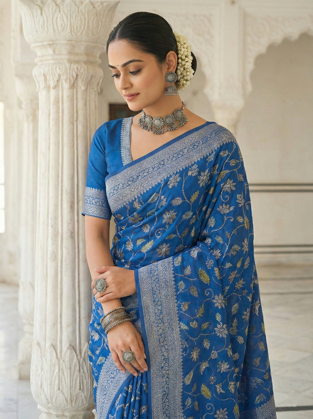 Neerus Blue Silk Digital Printed Floral Saree - detail view 1