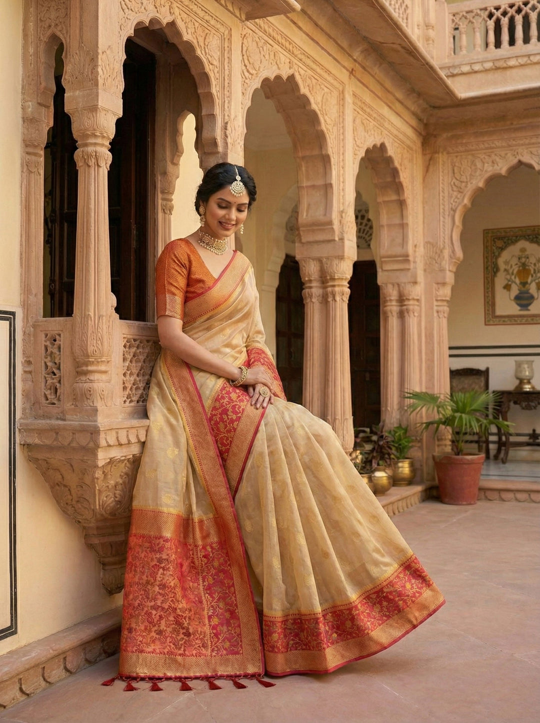 Neerus Gold silk digital printed saree - detail view 1