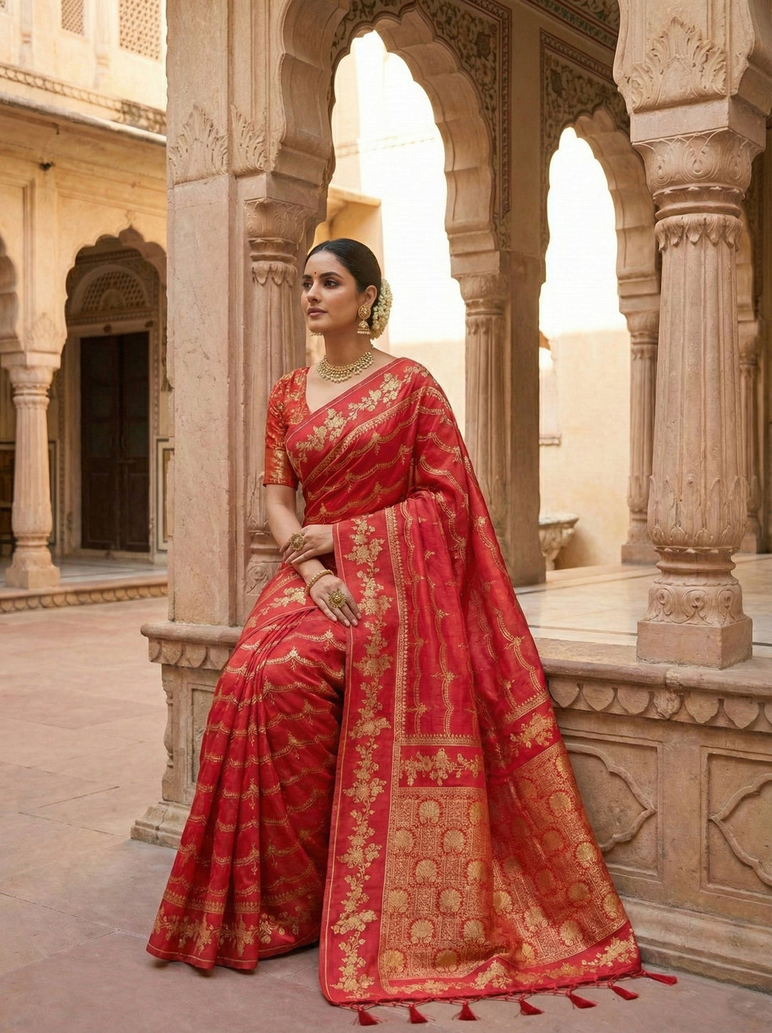 Neerus Red silk digital printed saree - side view