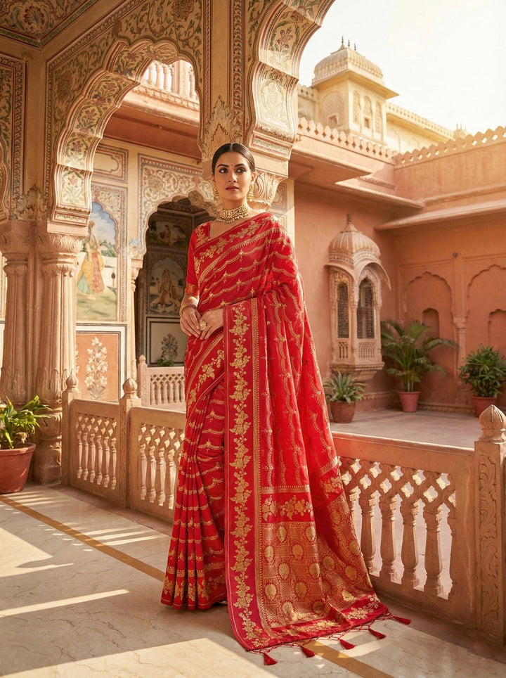 Neerus Red silk digital printed saree - front view