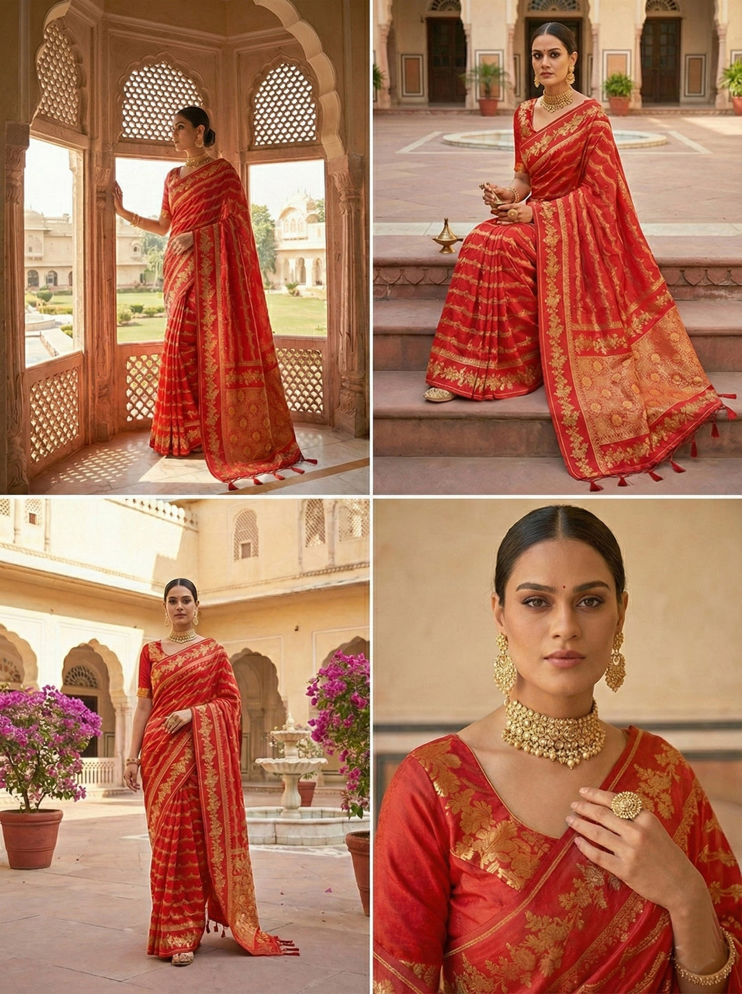 Neerus Red silk digital printed saree - back view