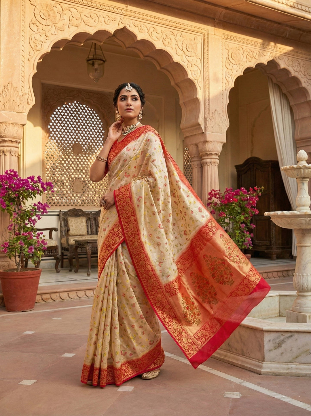 Neerus Beige silk digital printed saree - front view