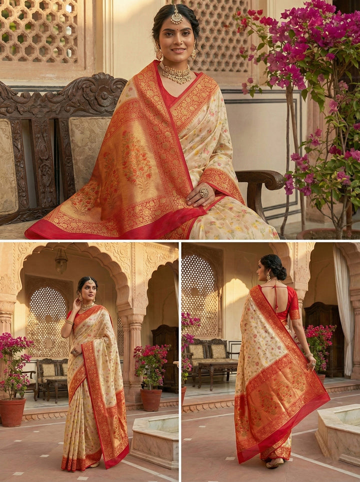 Neerus Beige silk digital printed saree - back view