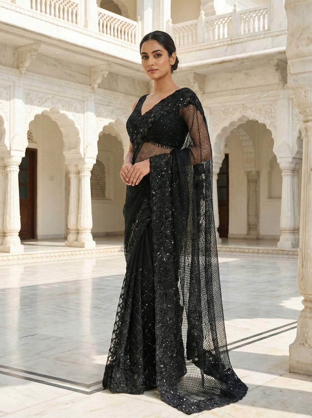 Neerus Black net embellished saree with floral sequins and beads - front view