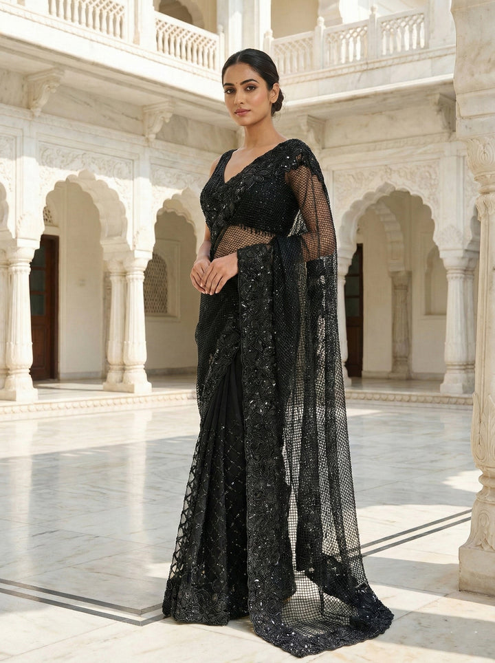 Neerus Black net embellished saree with floral sequins and beads - front view