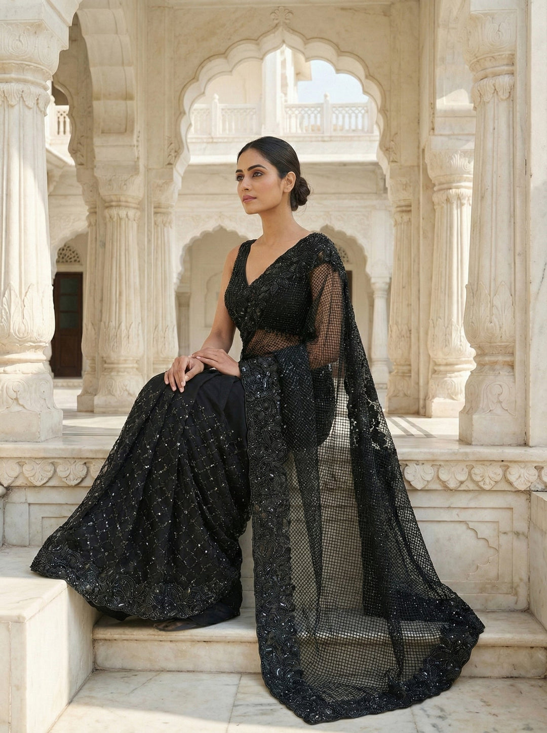 Neerus Black net embellished saree with floral sequins and beads - back view